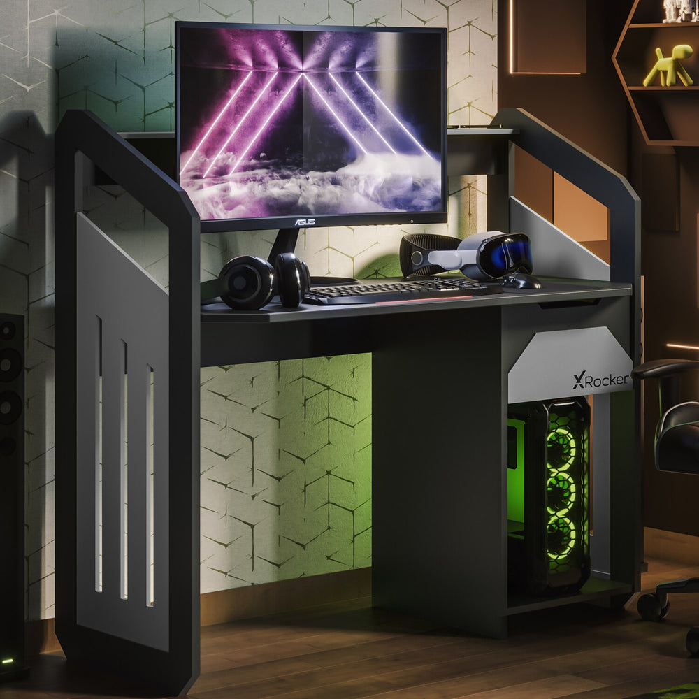 Battalion Gaming Desk with Drawers and Shelves - GREY