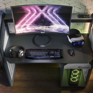 Battalion Gaming Desk with Drawers and Shelves - GREY