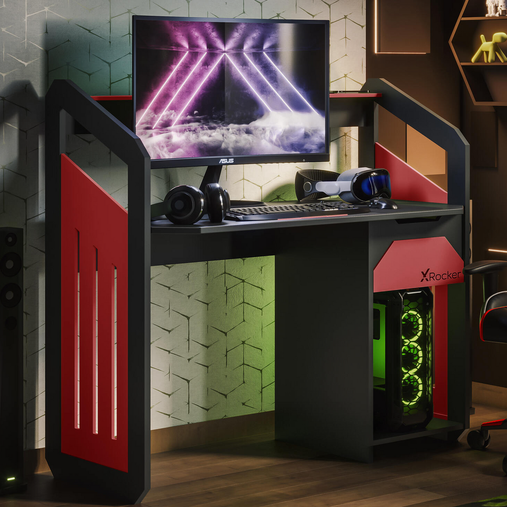 Battalion Gaming Desk with Drawers and Shelves - RED