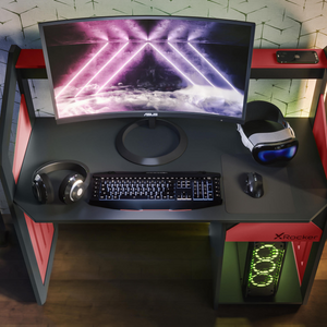 Battalion Gaming Desk with Drawers and Shelves - RED