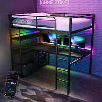 Gaming room setup with a loft bed, desk, and RGB lighting effects.