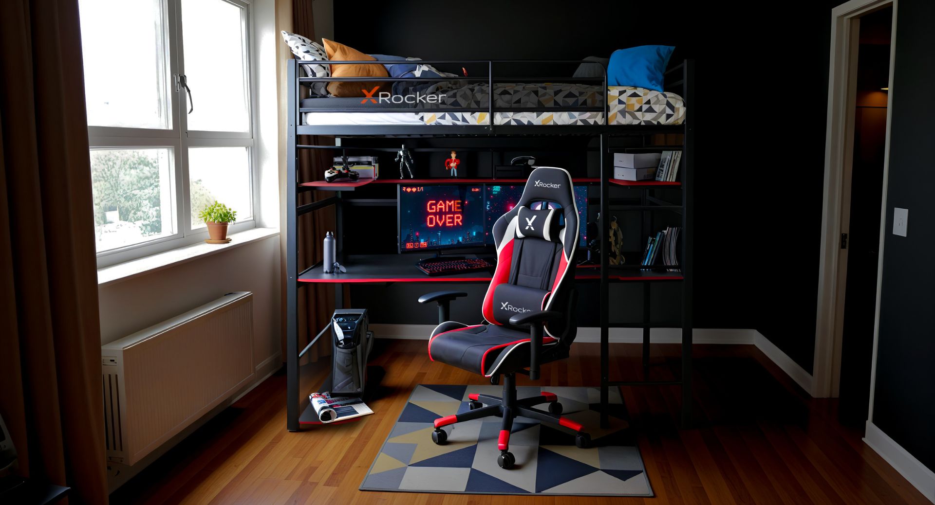 Gaming setup with chair, desk, and computer in a room with a window.