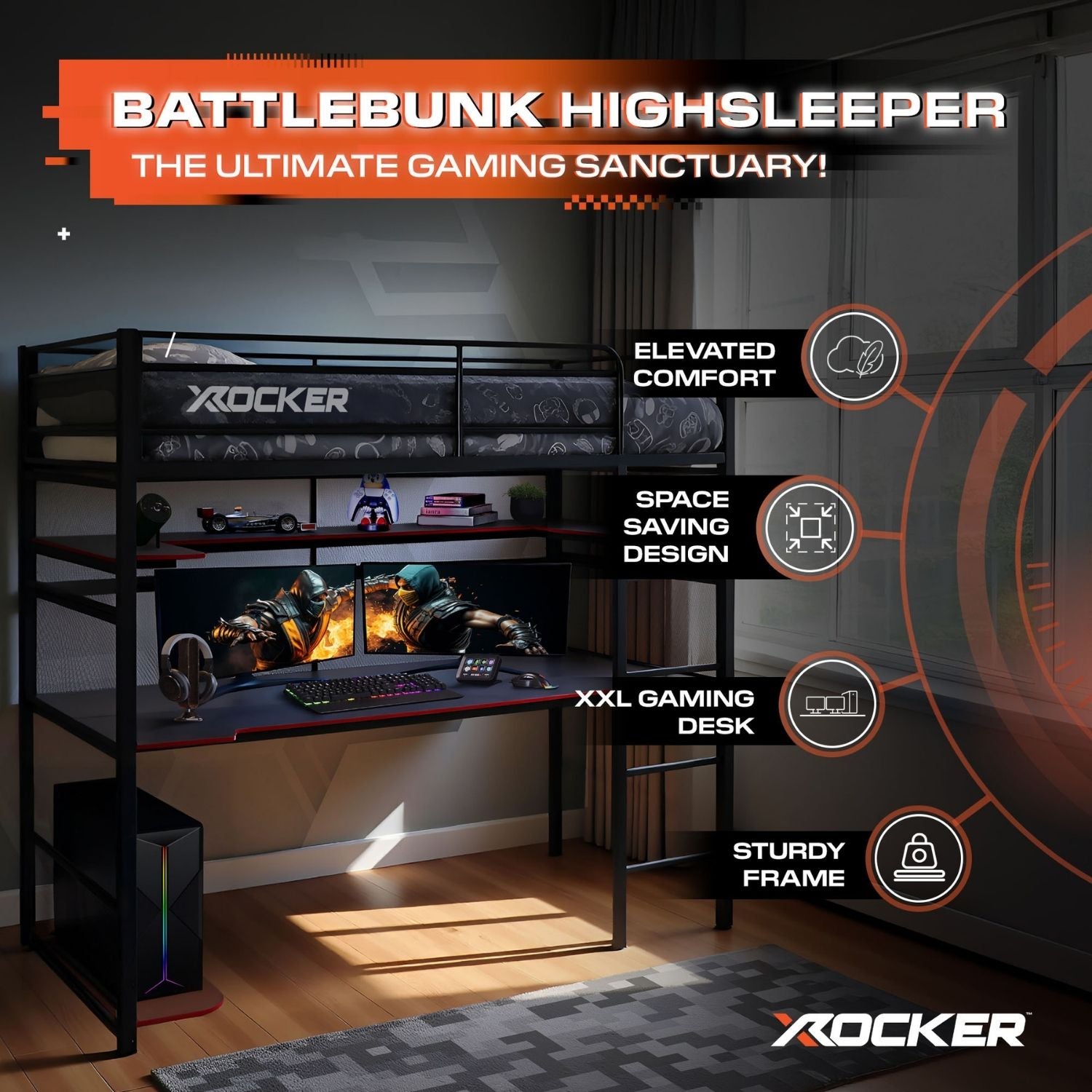 Gaming room setup with X rocker high sleeper bed and desk, featuring text on elevated comfort and space saving design.