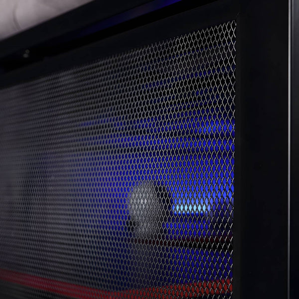 Close-up of a computer case with a cooling fan and blue light