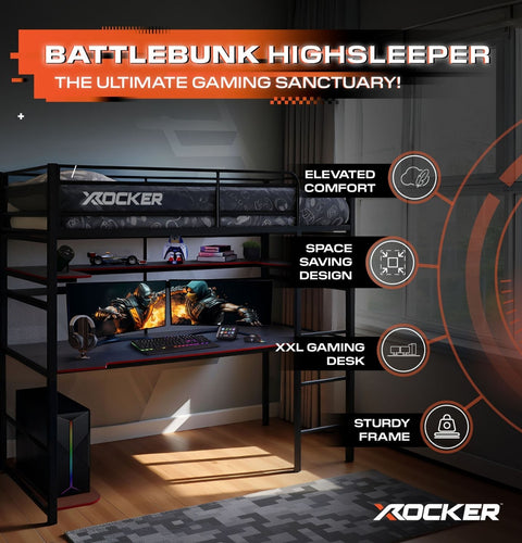 Gaming room setup with X rocker high sleeper bed and desk, featuring text on elevated comfort and space saving design.