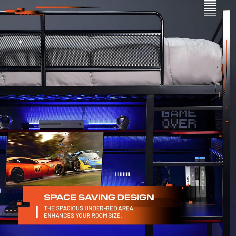 Bunk bed with gaming setup and TV displaying a racing game, emphasizing space-saving design.