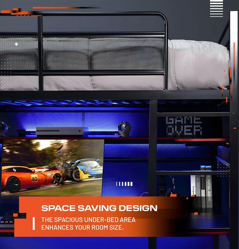 Bunk bed with gaming setup and TV displaying a racing game, emphasizing space-saving design.