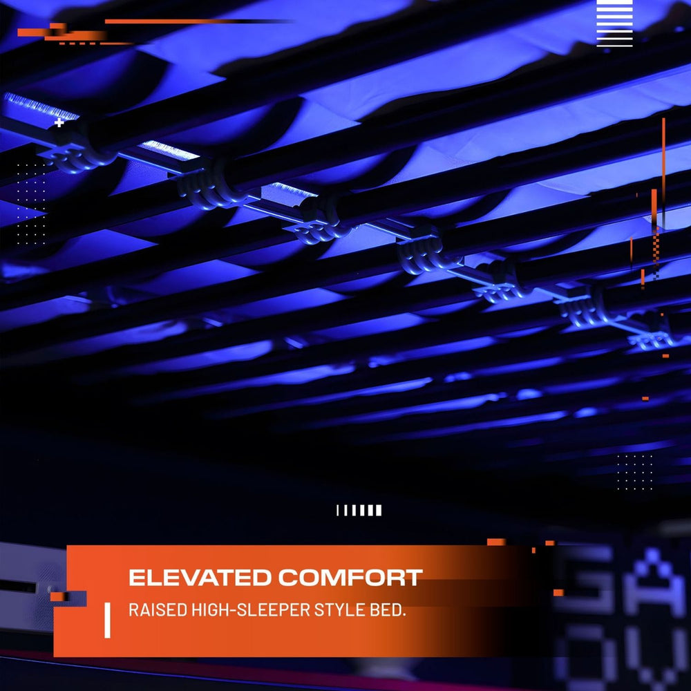 Promotional graphic for an elevated comfort raised high-sleeper style bed with blue and orange design elements.