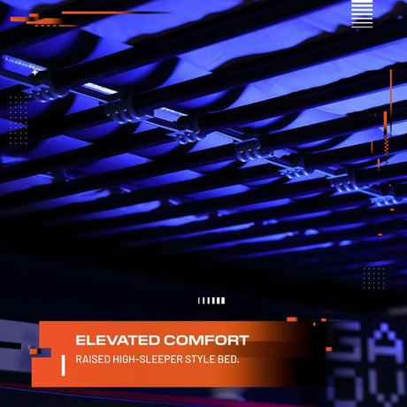 Promotional graphic for an elevated comfort raised high-sleeper style bed with blue and orange design elements.