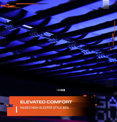 Promotional graphic for an elevated comfort raised high-sleeper style bed with blue and orange design elements.