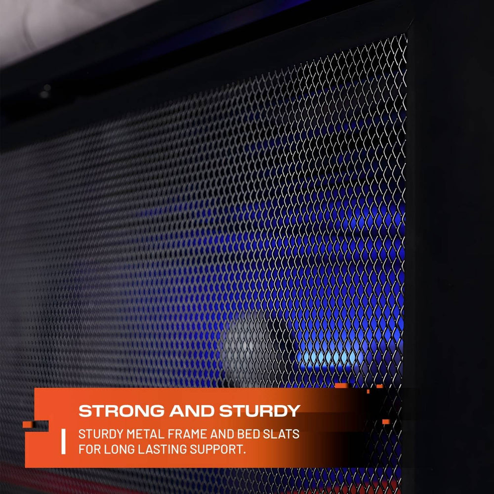 Metal frame with mesh design and text about strength and durability.