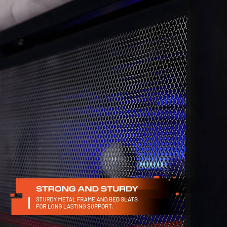 Metal frame with mesh design and text about strength and durability.