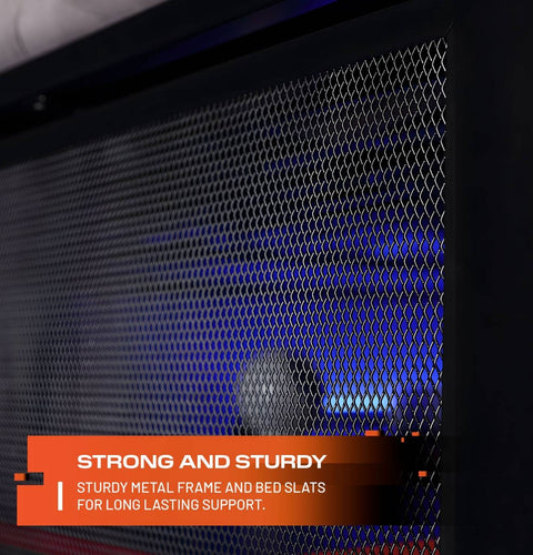 Metal frame with mesh design and text about strength and durability.