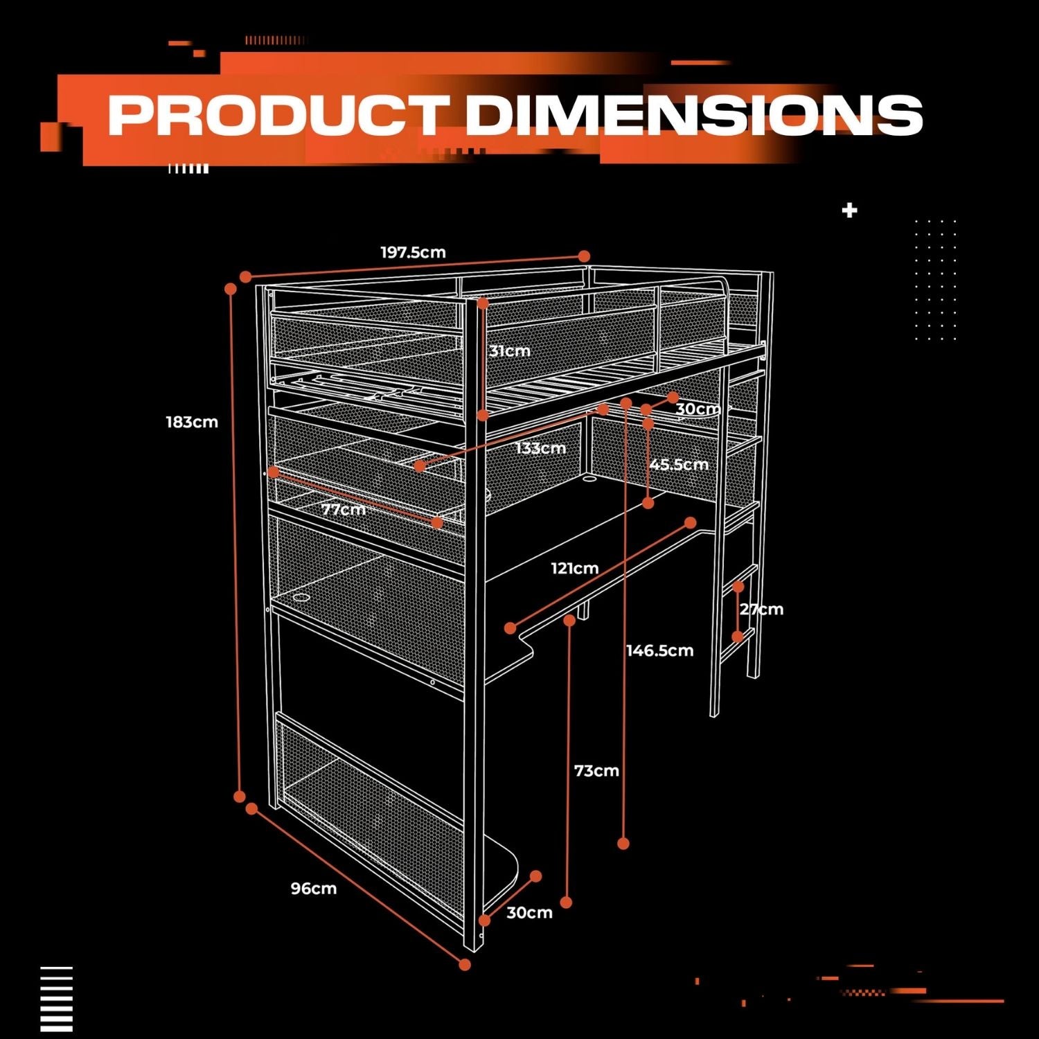Product dimensions chart of a shelving unit with measurements in centimeters on a black background.