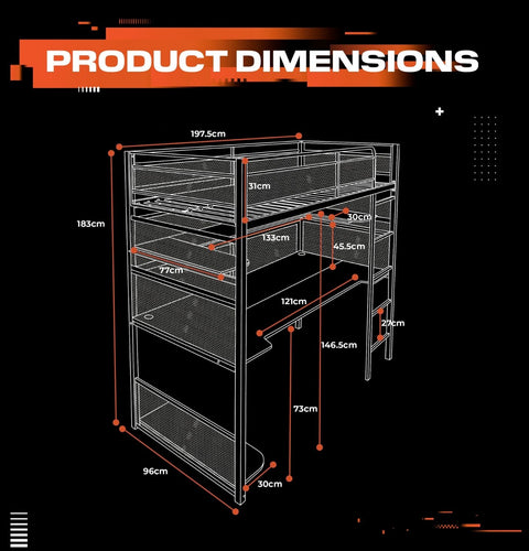 Product dimensions chart of a shelving unit with measurements in centimeters on a black background.