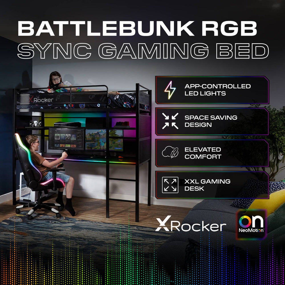 Battlebunk Gaming High Sleeper Bed with Neo Motion SYNC® RGB Lighting and Desk