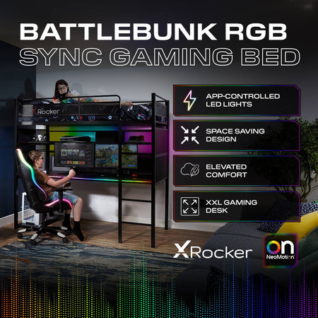 Battlebunk Gaming High Sleeper Bed with Neo Motion SYNC® RGB Lighting and Desk