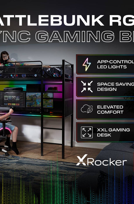 Battlebunk RGB LED High Sleeper Gaming Bunk Bed with Desk - Black