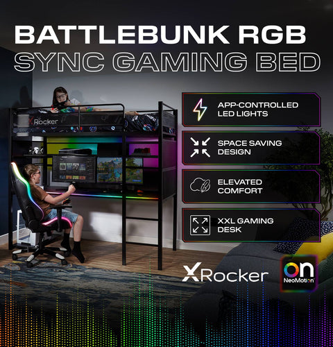 Battlebunk RGB LED High Sleeper Gaming Bunk Bed with Desk - Black
