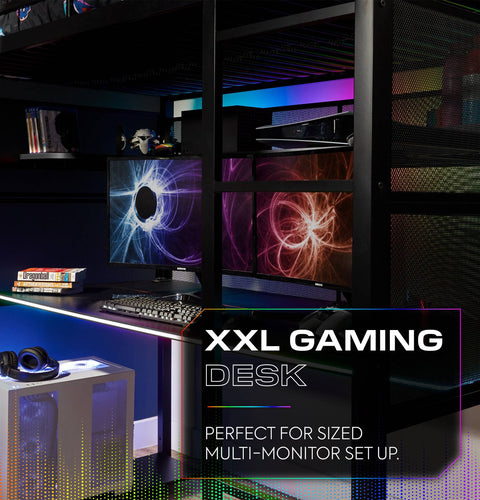 Battlebunk RGB LED High Sleeper Gaming Bunk Bed with Desk - Black