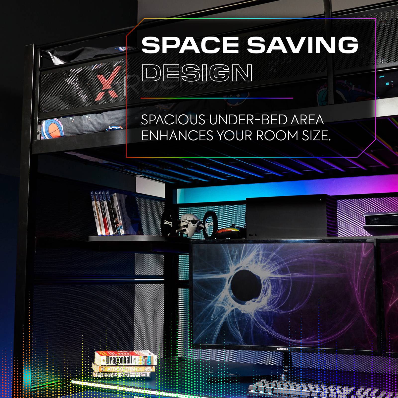 Battlebunk RGB LED High Sleeper Gaming Bunk Bed with Desk - Black