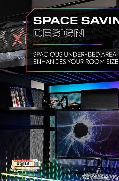 Battlebunk RGB LED High Sleeper Gaming Bunk Bed with Desk - Black