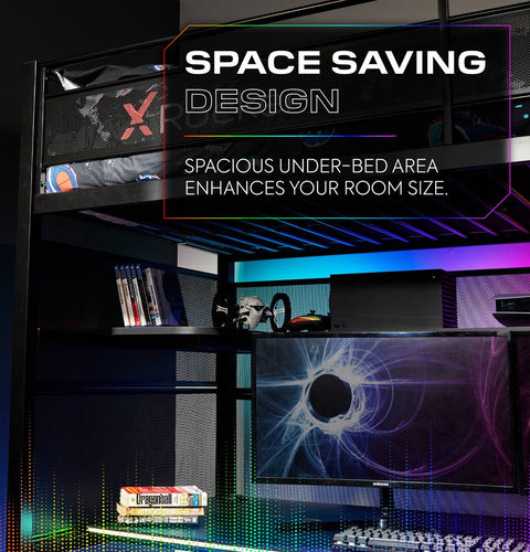 Battlebunk RGB LED High Sleeper Gaming Bunk Bed with Desk - Black