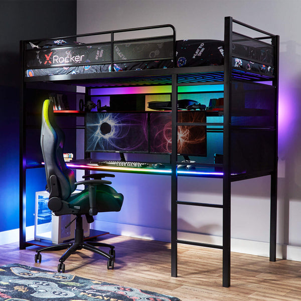 X Rocker Battlebunk RGB High Sleeper Gaming Bed with XXL desk, LED lighting, and storage shelf – perfect for gaming setups.