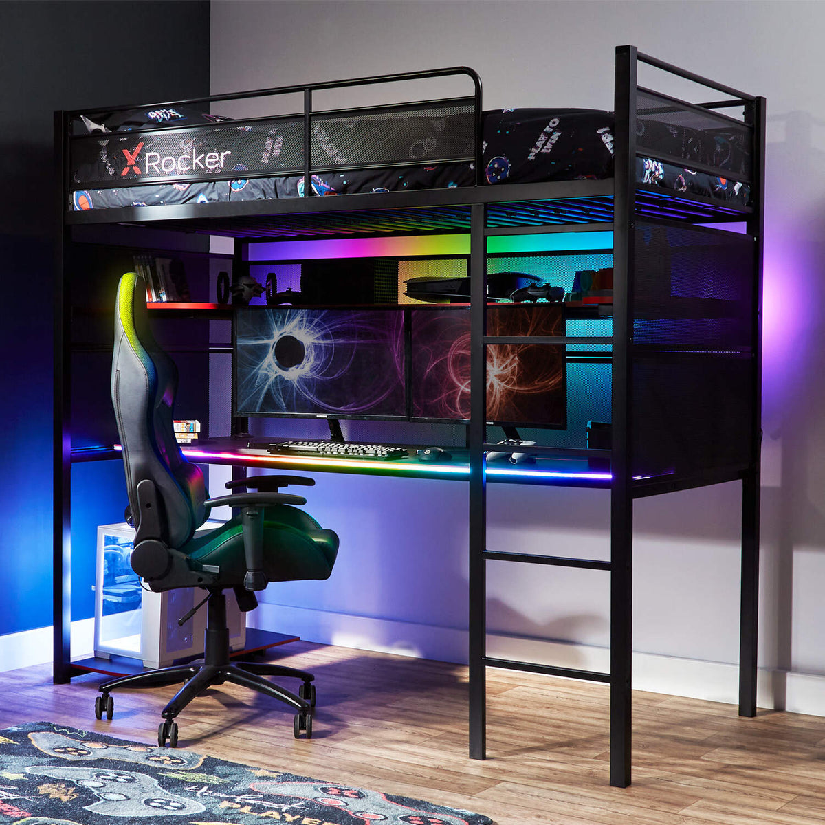 X Rocker Battlebunk RGB High Sleeper Gaming Bed with XXL desk, LED lighting, and storage shelf – perfect for gaming setups.