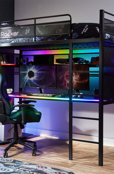 X Rocker Battlebunk RGB High Sleeper Gaming Bed with XXL desk, LED lighting, and storage shelf – perfect for gaming setups.