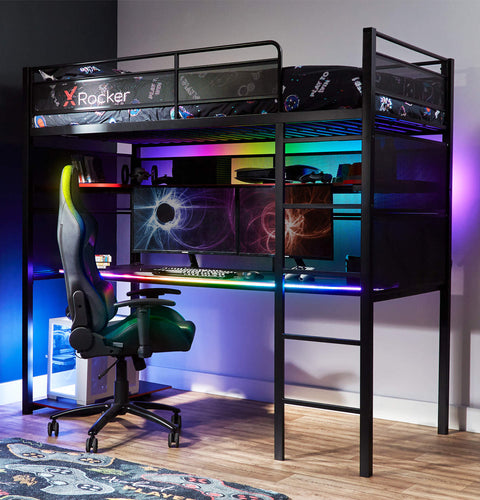 X Rocker Battlebunk RGB High Sleeper Gaming Bed with XXL desk, LED lighting, and storage shelf – perfect for gaming setups.