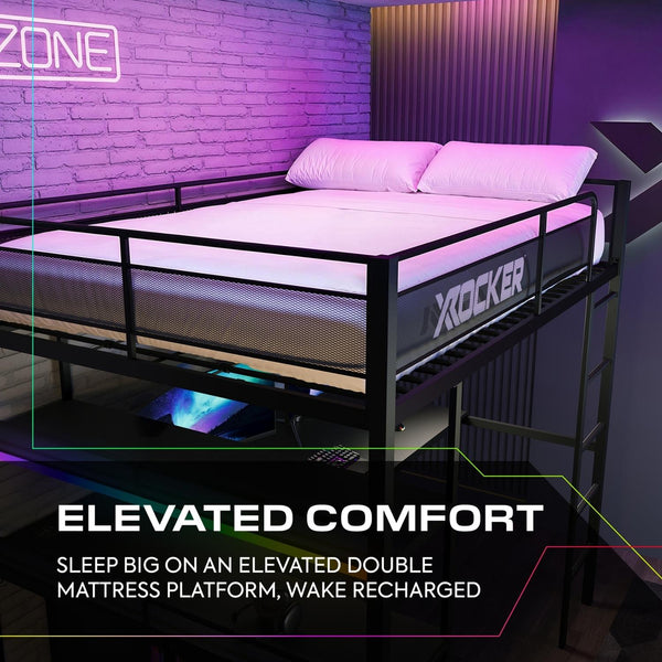 Elevated mattress platform with X rocker branding in a room with purple lighting.
