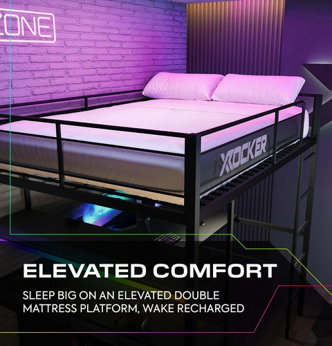 Battlebunk XL RGB Double High Sleeper Gaming Bunk Bed with Desk - Black
