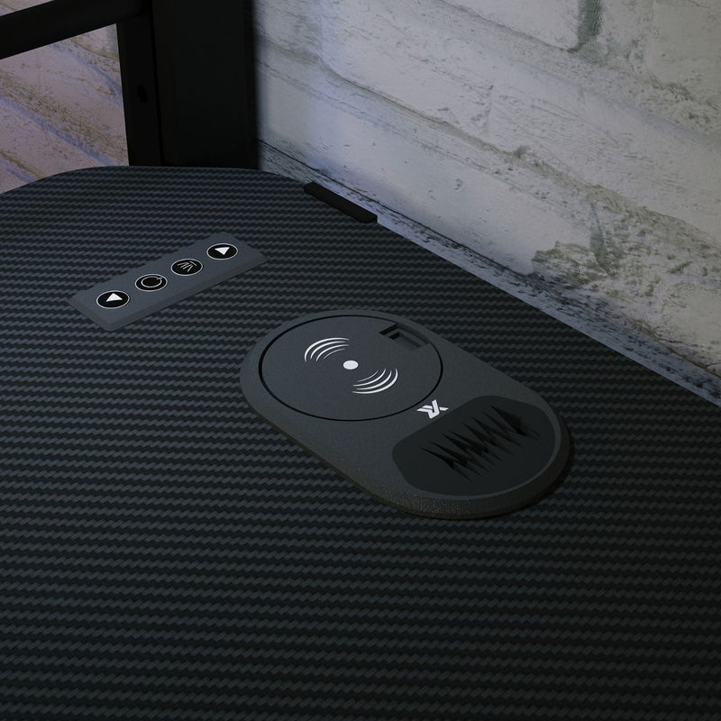 Black electronic device with control panel on a textured surface