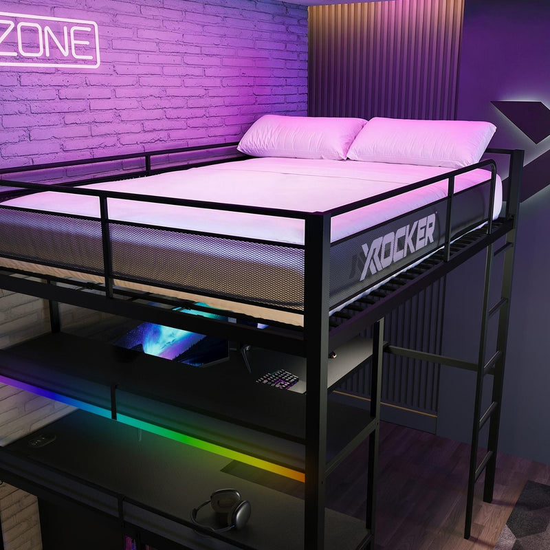 Bunk bed with X rocker branding in a room with neon lights and a desk.