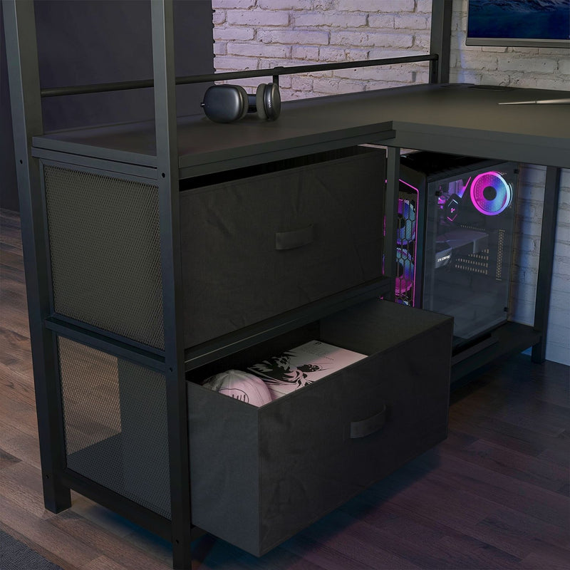 Modular office desk with storage drawers and a computer setup.