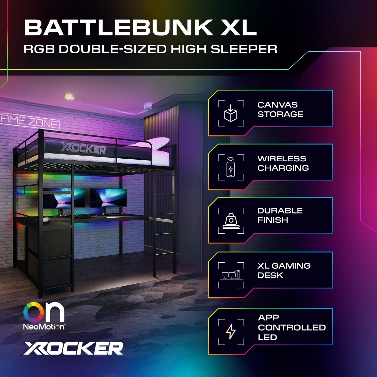 Gaming room setup with Battlebunk XL RGB double-sized high sleeper, featuring X rocker and NeoMotion logos.