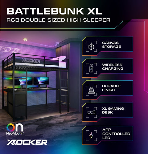 Battlebunk XL RGB Double High Sleeper Gaming Bunk Bed with Desk - Black