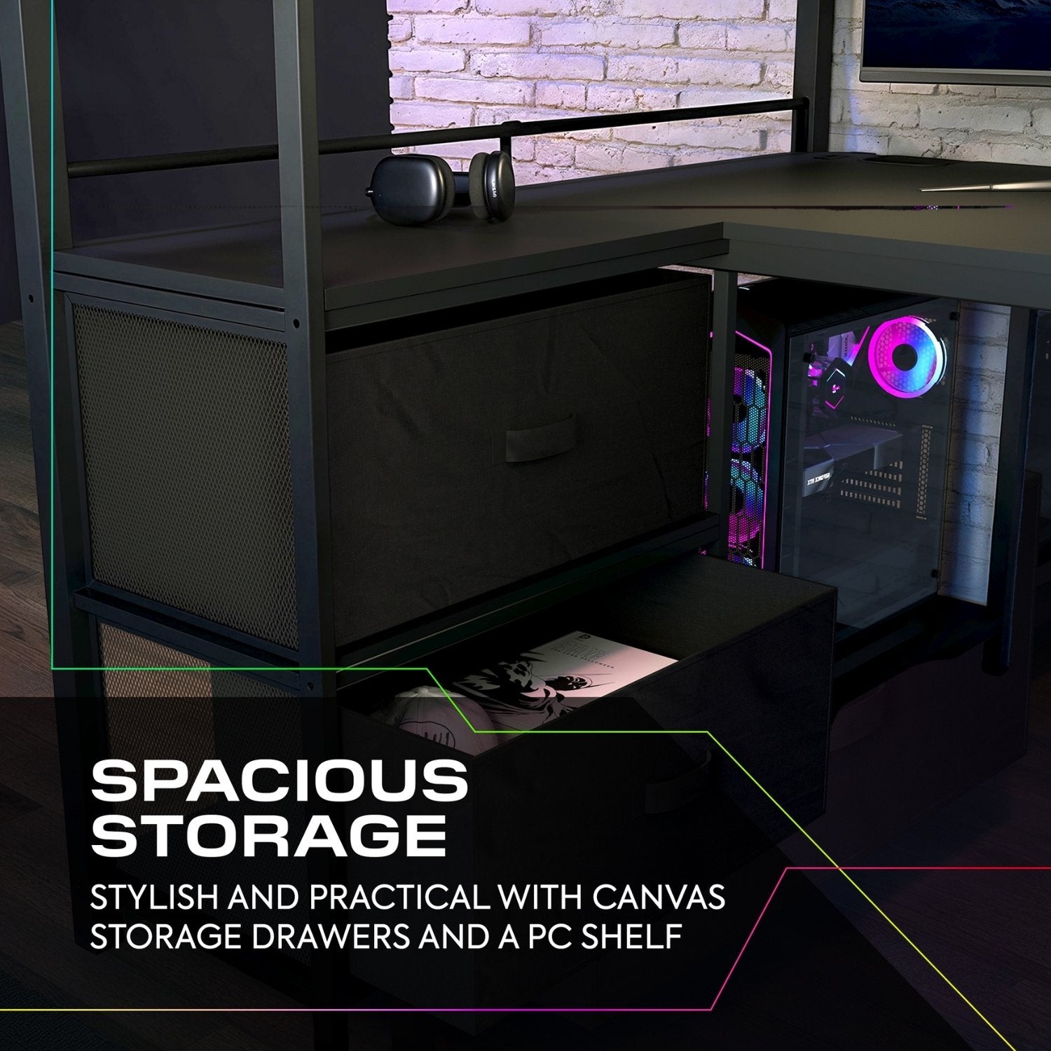 Modern office desk with storage drawers and a PC shelf, featuring text about spacious storage.