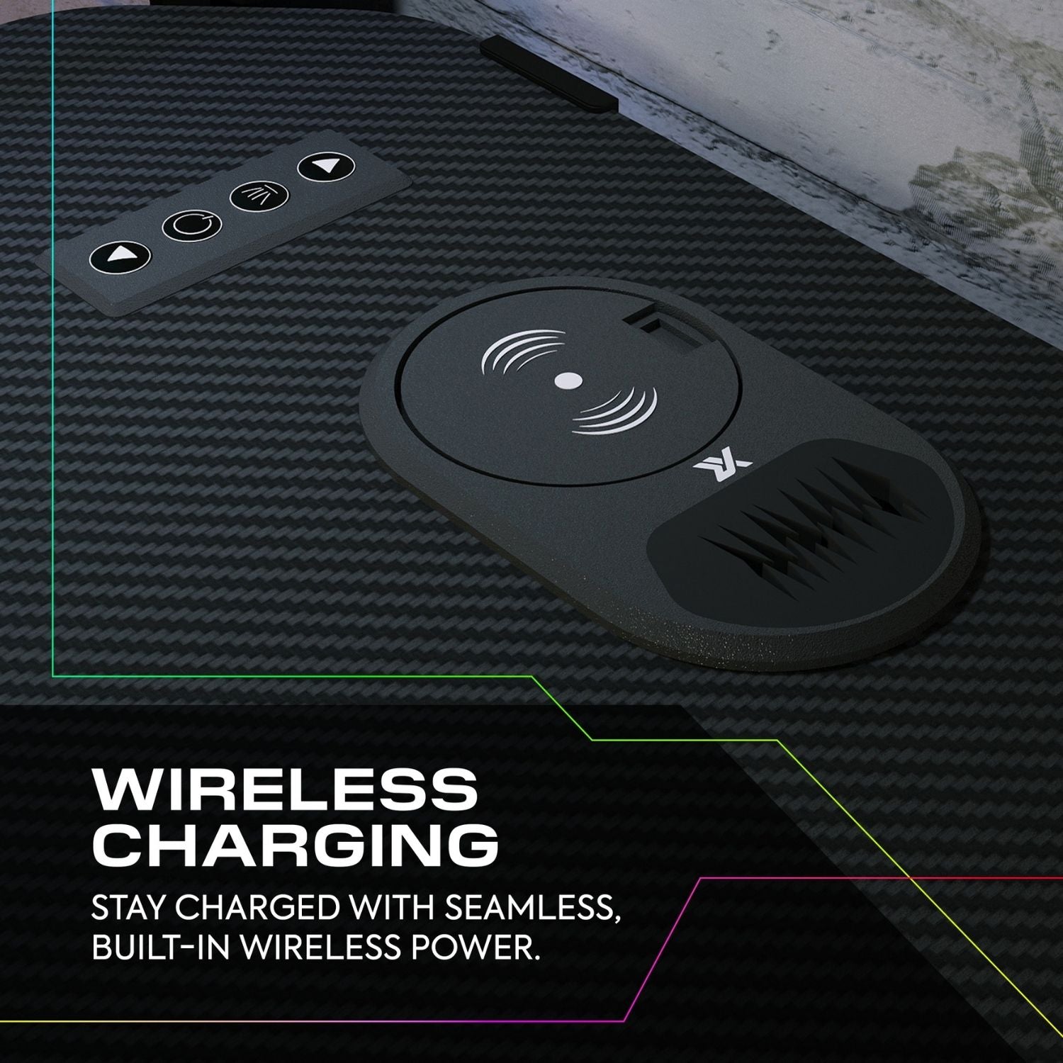 Black phone case with wireless charging feature on a dark background