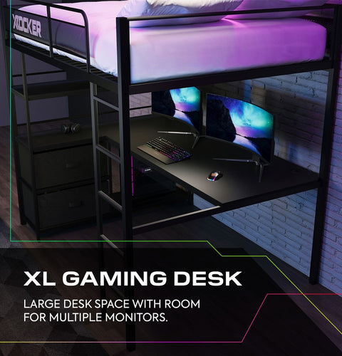 Battlebunk XL RGB Double High Sleeper Gaming Bunk Bed with Desk - Black