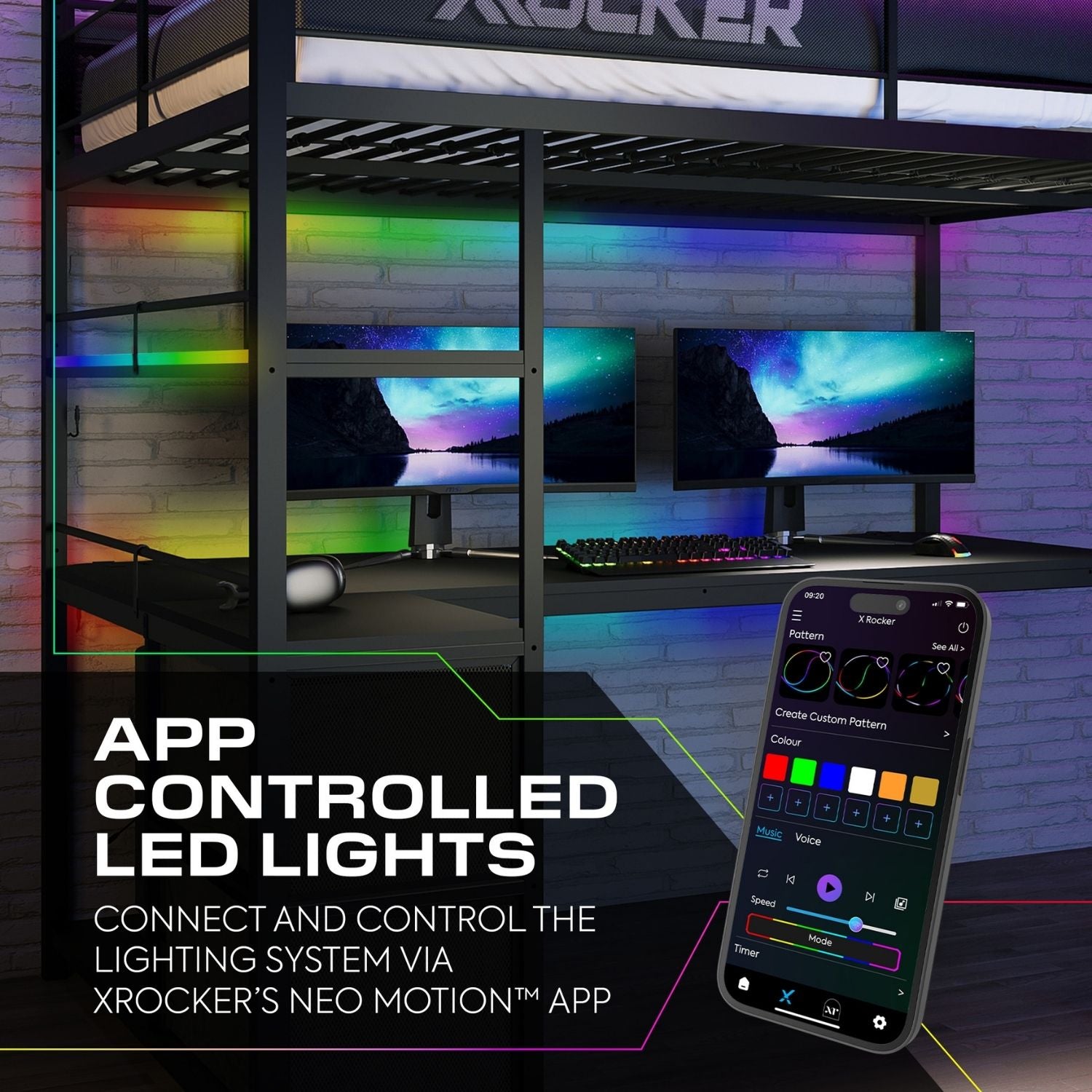 Gaming setup with app-controlled LED lights and X rocker branding.