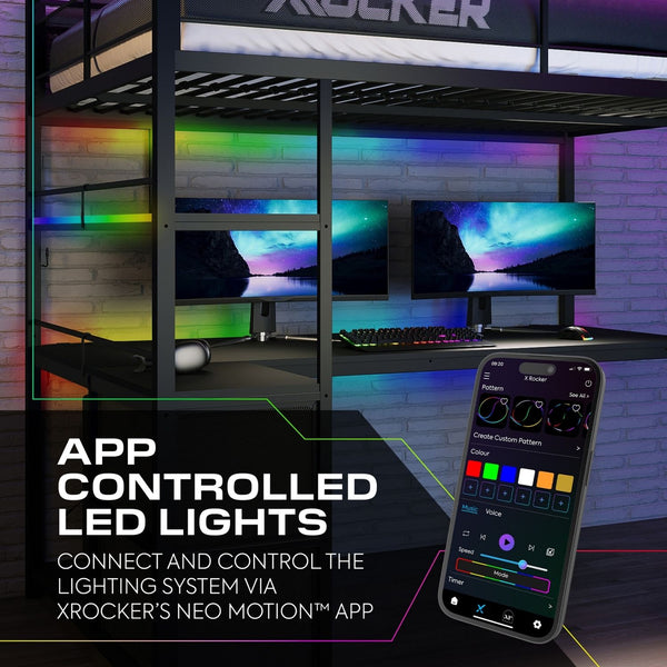 Gaming setup with app-controlled LED lights and X rocker branding.