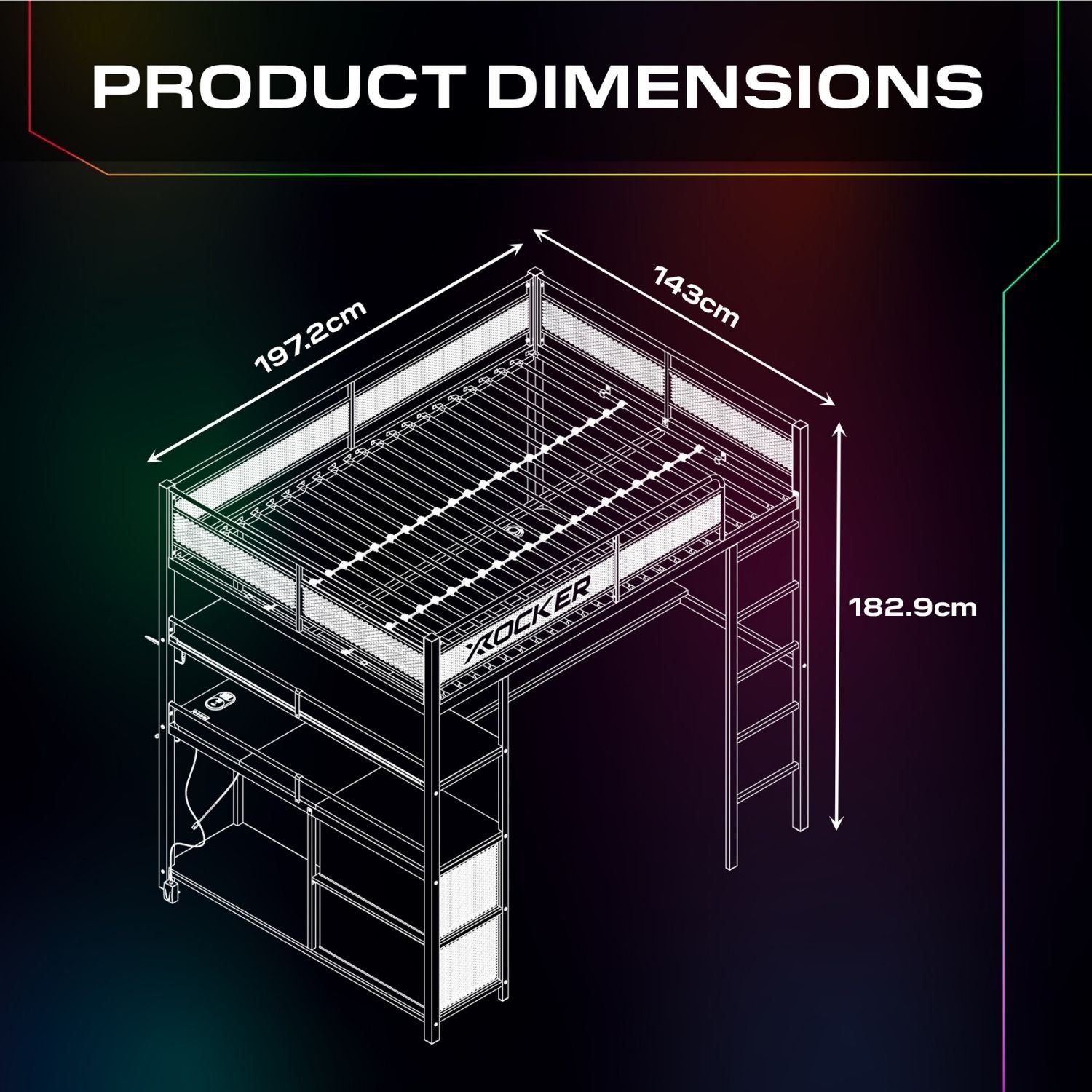 X rocker gaming chair with dimensions on a dark background