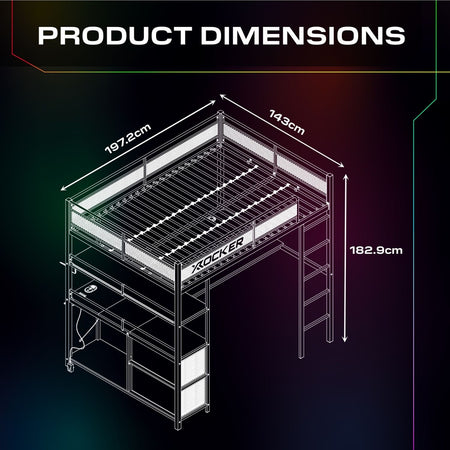 Battlebunk XL RGB Double High Sleeper Gaming Bunk Bed with Desk - Black