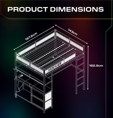 Battlebunk XL RGB Double High Sleeper Gaming Bunk Bed with Desk - Black