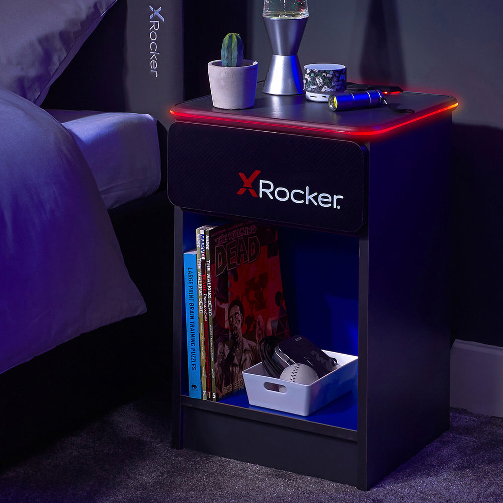 Carbon-Tek Bedside Table with Wireless Charging and LED Lights - Grey / Blue