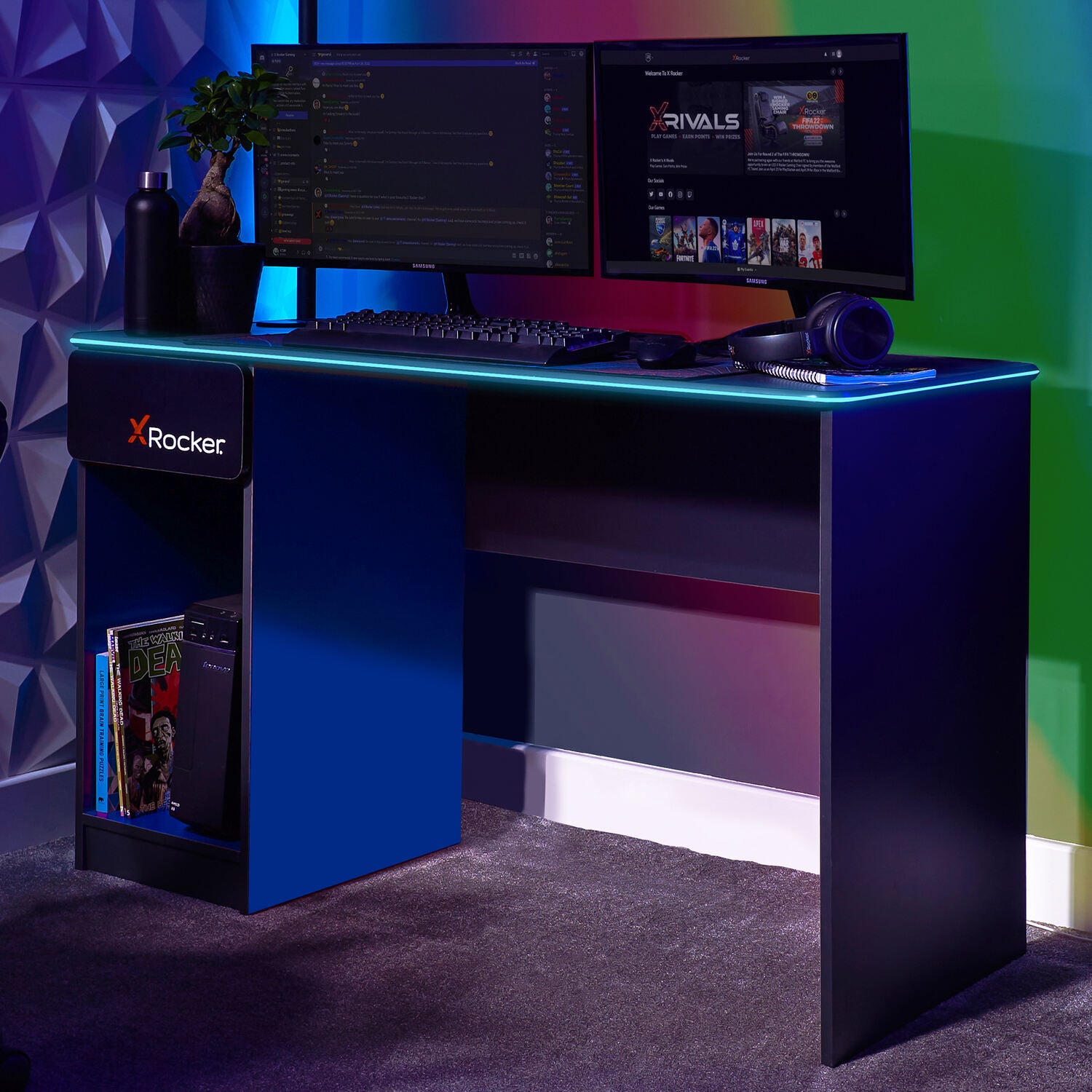 Carbon-Tek 120cm LED Gaming Desk with Wireless Charging - Grey / Blue RGB