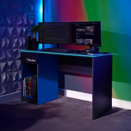 Gaming desk with RGB lighting in a colorful room