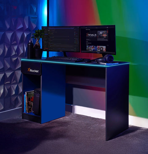 Gaming desk with RGB lighting in a colorful room